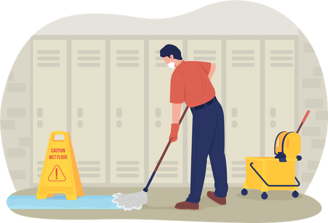 School janitor in the corridor  Illustration