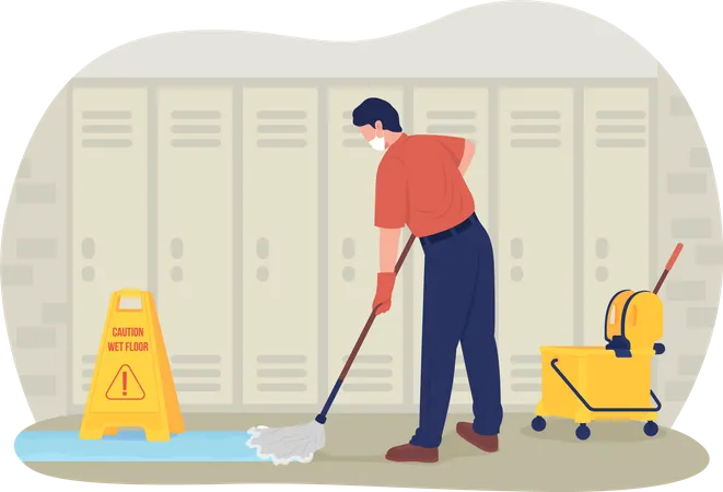 School janitor in the corridor  Illustration