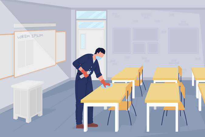 School janitor sanitizing classrooms after coronavirus pandemic  Illustration