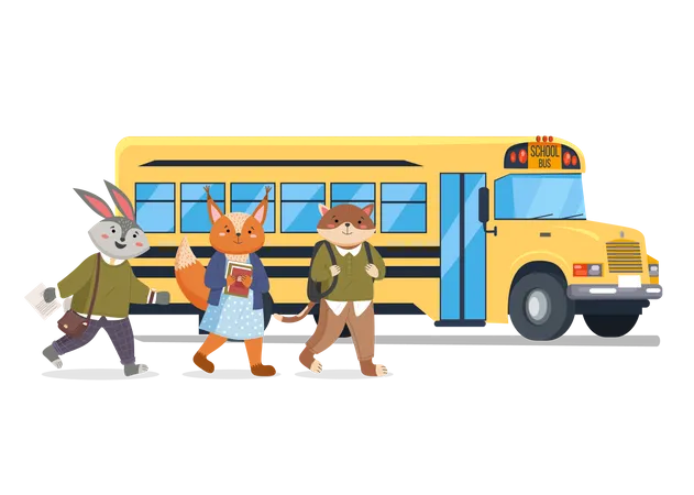 School Bus And Animals Students Happy School Kids On The Road Vector Illustration Group Of Cheerful Children Forest Inhabbitant Going To School From A Bus With Backpack And Books Isolated On White Illustration