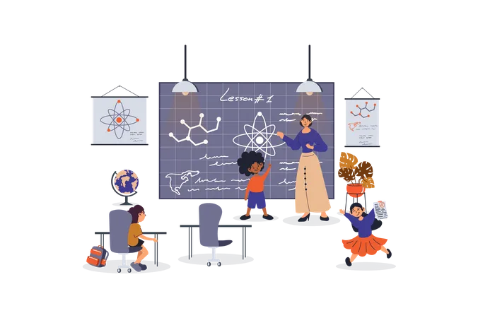 School Learning Concept With Character Scene For Web Teacher By Blackboard Explaining Lesson To Pupils In Classroom People Situation In Flat Design Vector Illustration For Marketing Material Illustration