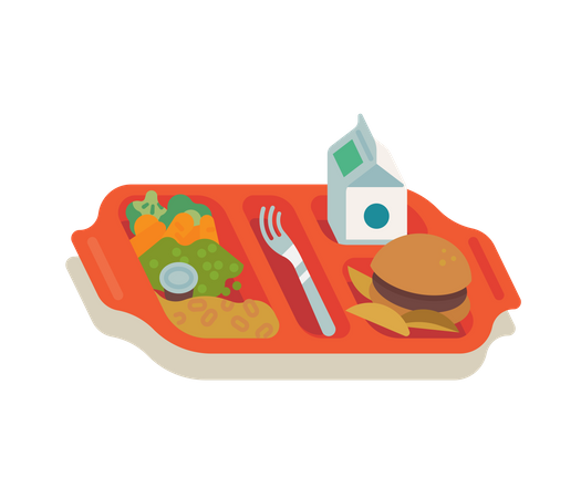 School meal with red plastic tray filled with food for school kids including milk, vegetables, fries and hamburger  Illustration