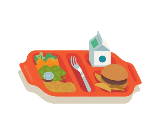 School meal with red plastic tray filled with food for school kids including milk, vegetables, fries and hamburger Illustration