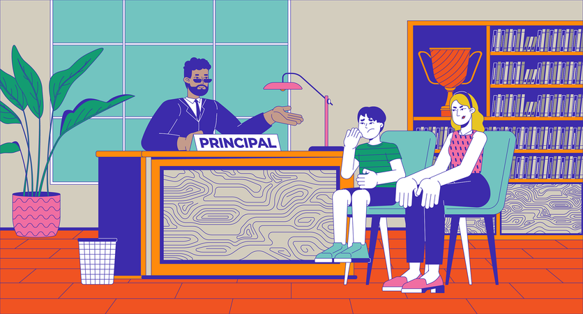 School principal with bully and his mother  Illustration