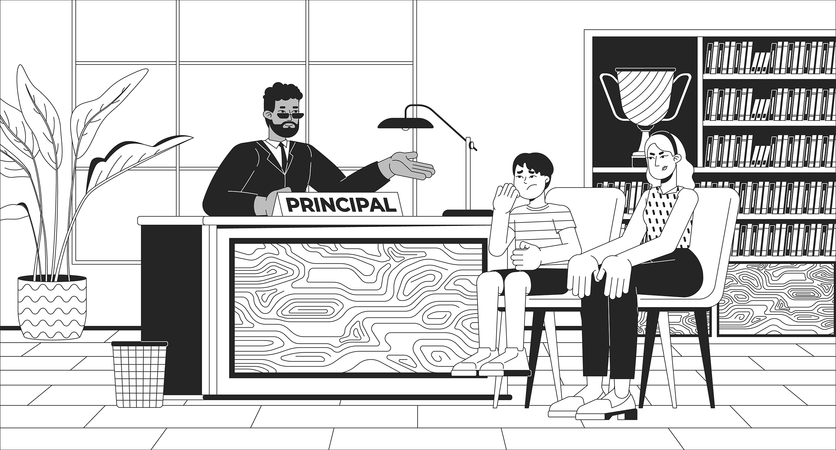 School principal with bully and his mother  Illustration