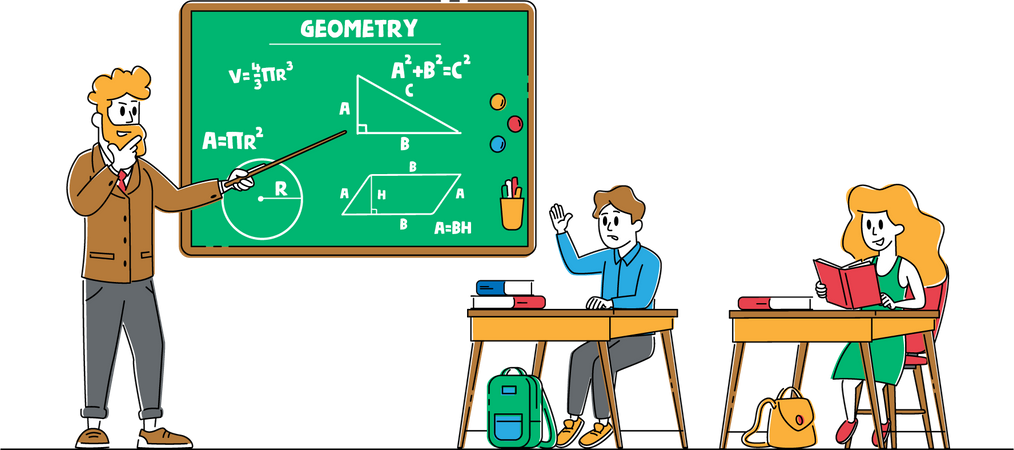 School Student Sitting at Desk in Classroom Studying  Illustration