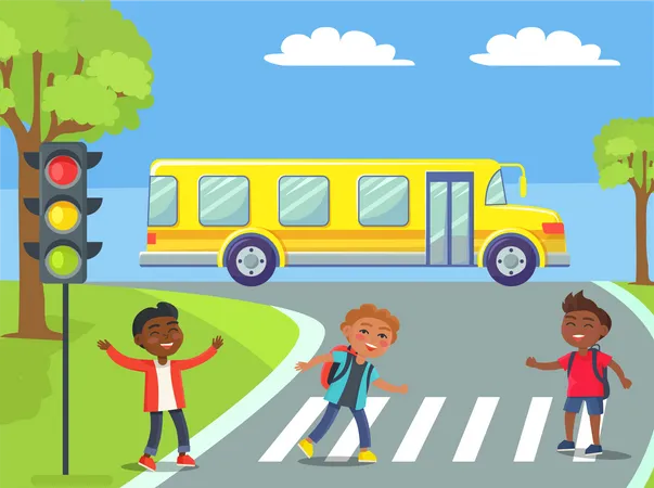 School students crossing road at zebra crossing  Illustration