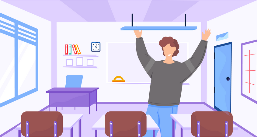 School teacher in empty classroom at school  Illustration