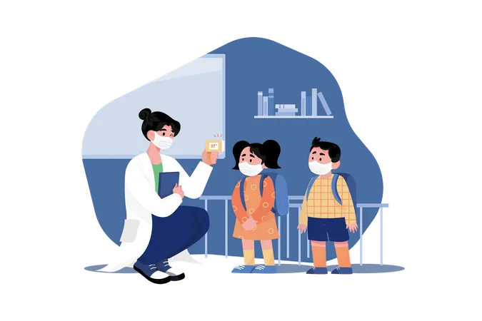 School Teacher Measuring Temperature each student  Illustration