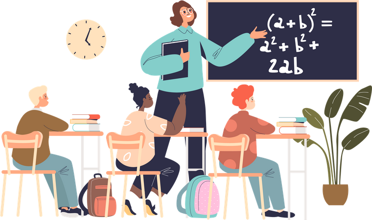 School teacher teaching math in classroom Illustration