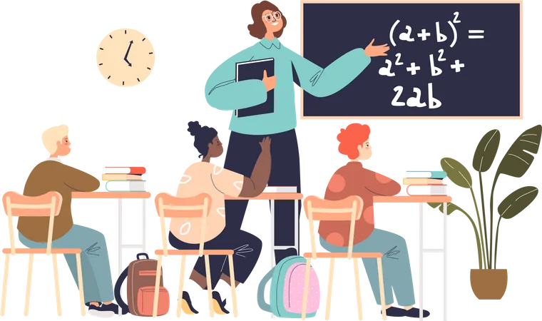 School teacher teaching math in classroom Illustration