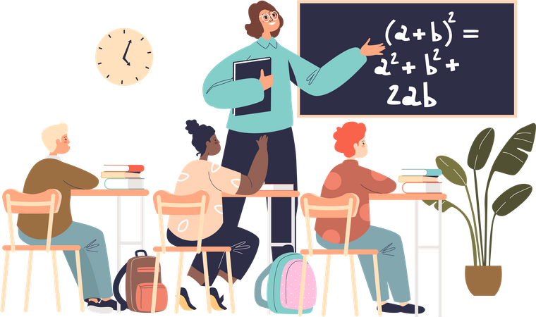 School teacher teaching math in classroom  Illustration