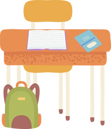 School Workplace Desk With Chair Book And Notebook  イラスト