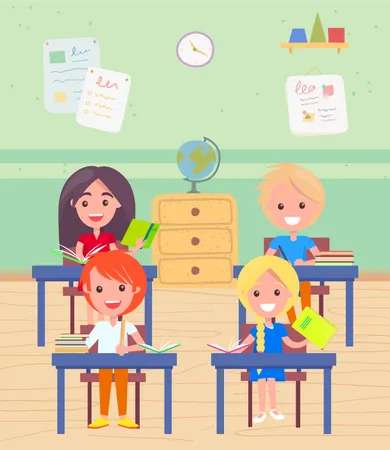 Pupils At Lesson Vector Classroom With Kids Sitting By Tables Education In School Classmates With Books And Notebooks Globe On Shelf Geography Learning Back To School Concept Flat Cartoon Illustration