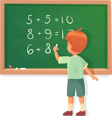 Schoolboy Writes Arithmetic Examples On The Blackboard Illustration