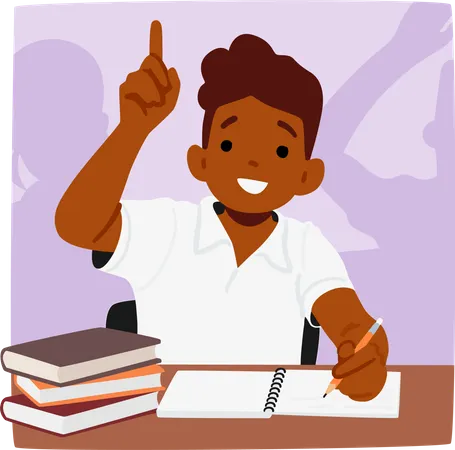 In The Classroom The Schoolboy Character Raises His Hand Eagerly Seeking The Teacher Attention To Contribute Or Ask A Question Displaying Active Participation In Lesson Cartoon Vector Illustration Illustration