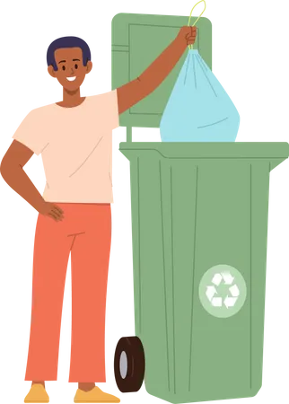 Schoolboy child throwing organic waste into trash can taking care of environment  イラスト