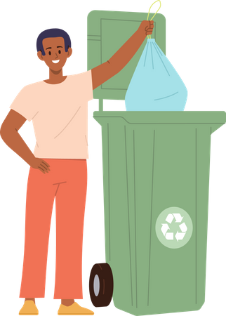 Schoolboy child throwing organic waste into trash can taking care of environment  Illustration