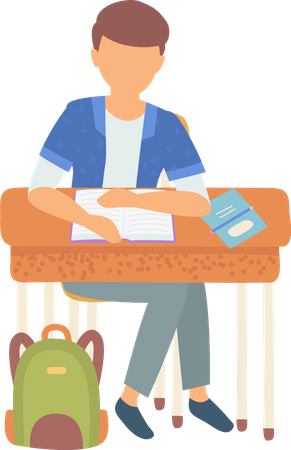 Schoolboy Doing Homework Assignments At Lesson  Illustration