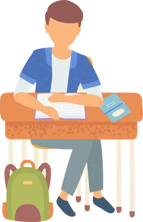 Schoolboy Doing Homework Assignments At Lesson  Illustration