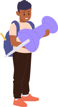 Schoolboy holding giant paper pin wearing backpack  Illustration