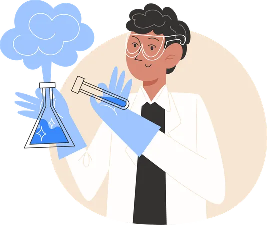 Schoolboy in a lab coat holds test tubes during a chemistry lesson  Illustration