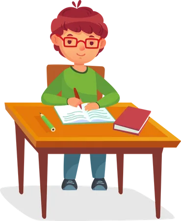 Happy Schoolboy In Glasses Sits At A Desk And Writes In A Notebook Illustration