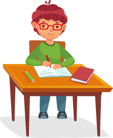 Schoolboy in glasses sits at desk  Illustration