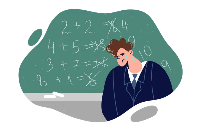 Schoolboy Is Crying Standing Near Blackboard With Erroneous Mathematical Examples And Needs Help Of Professional Tutor Frustrated Schoolboy Experiences Failure At School Due To Poor Education System Illustration