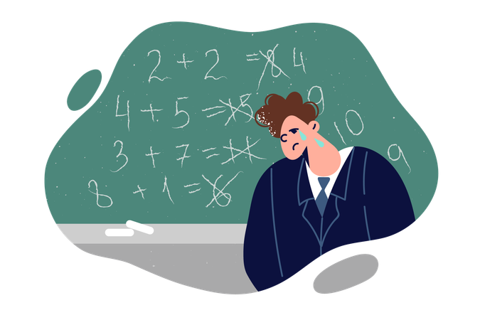 Schoolboy is crying standing near blackboard  Illustration