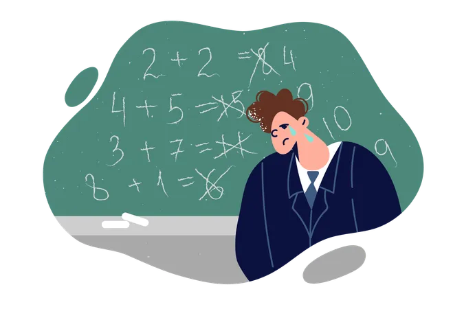 Schoolboy is crying standing near blackboard  Illustration