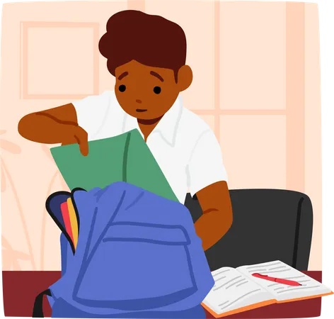 Schoolboy Character Places Things Into His Bag Organizing Books Notebooks And Supplies For The Day Ahead Preparing For A Productive Day Of Learning Cartoon People Vector Illustration Illustration