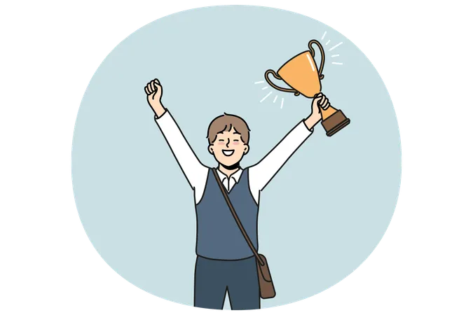 Schoolboy with golden cup rejoices at award received for winning school mathematics olympiad  Illustration