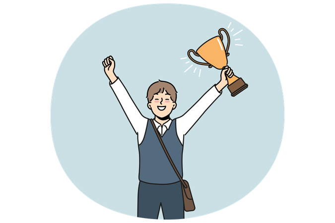 Schoolboy with golden cup rejoices at award received for winning school mathematics olympiad  Illustration