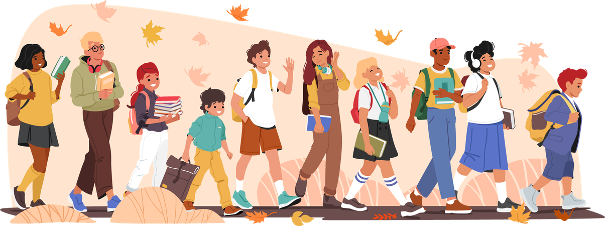 Schoolchildren characters of different age going to study at school  Illustration