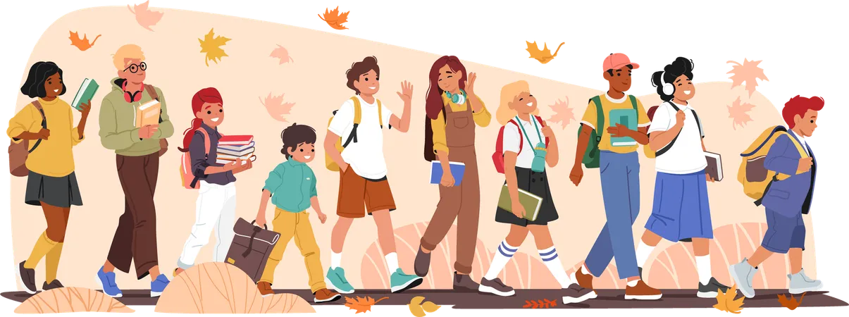 Schoolchildren characters of different age going to study at school  Illustration