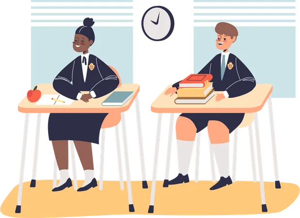 Schoolchildren in uniform sitting at school desk in classroom at lesson  Illustration