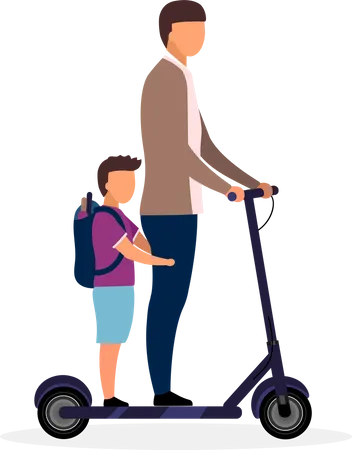 Schoolchildren riding scooter together Illustration