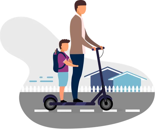 Schoolchildren riding scooter together  Illustration