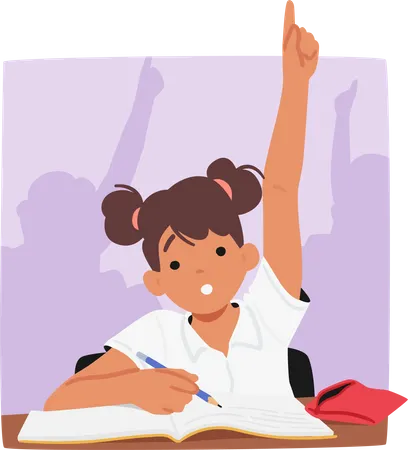 Schoolgirl Character Stretches Her Hand In Class Eagerly Raising It To Answer A Question Or Seek The Teacher Attention Demonstrating Her Active Engagement For Learning Cartoon Vector Illustration Illustration