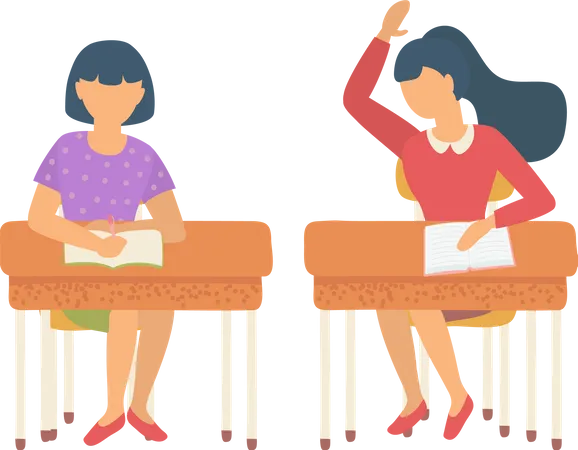 Female Characters Students Sitting By Desks Vector Isolated Schoolgirl Answering Question And Raising Hand Girl Writing Composition In Notebook Flat Back To School Concept Flat Cartoon Illustration