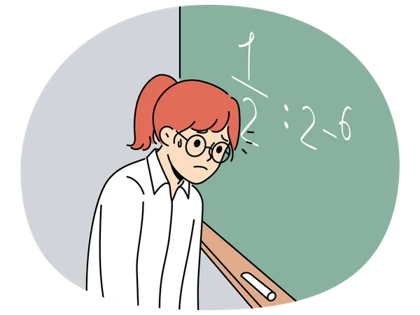 Schoolgirl doesnt know solution of mathematical example  Illustration