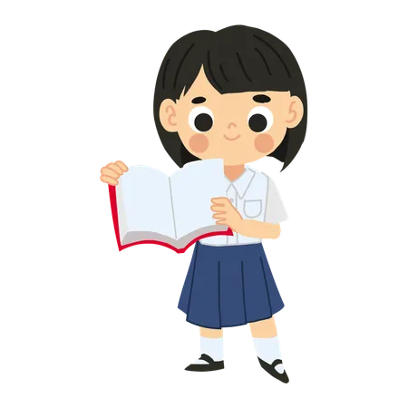 Adorable Cartoon Character Of Thai Schoolgirl Engaged In Reading Illustration