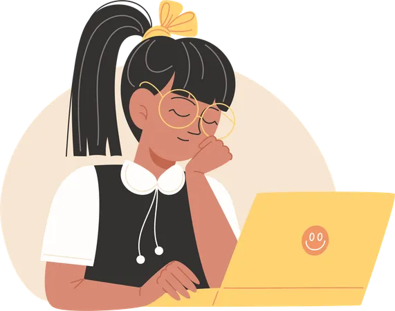 Schoolgirl fell asleep at laptop while doing homework  Illustration