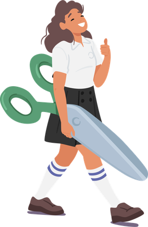Schoolgirl Gripping Scissors Stationery Tool  Illustration