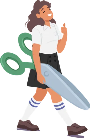 Schoolgirl Gripping Enormous Scissors Stationery Tool A Curious Blend Of Innocence And Potential Danger Ready To Embark On Her Creative Or Mischievous Mission Cartoon Vector Illustration Illustration