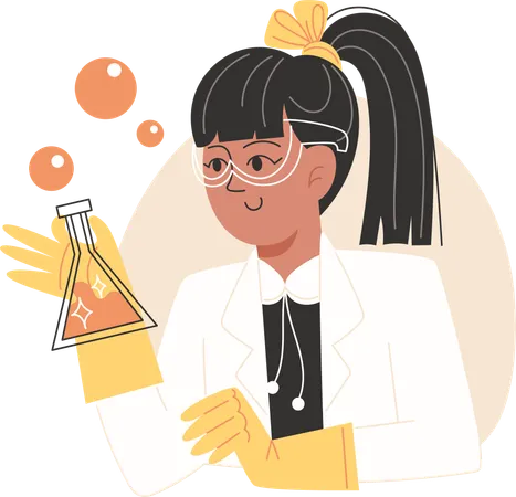Schoolgirl holds test tube during chemistry lesson  Illustration