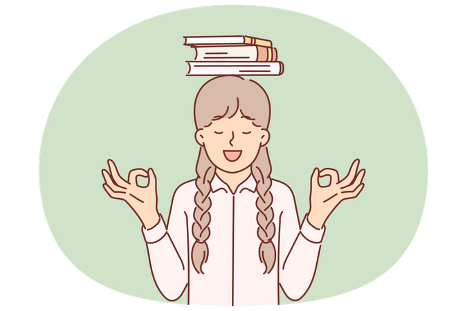 Schoolgirl is meditating standing with books on head and smiling making akasha mudra gesture  Illustration