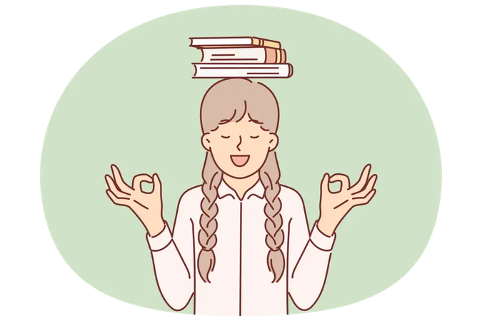 Schoolgirl is meditating standing with books on head and smiling making akasha mudra gesture  Illustration