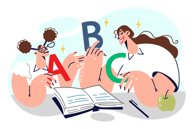 Schoolgirl learns alphabet together with elementary school teacher sitting in classroom  Illustration